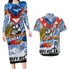 Personalised Bulldogs ANZAC Day Couples Matching Long Sleeve Bodycon Dress and Hawaiian Shirt Aboriginal Rising Sun