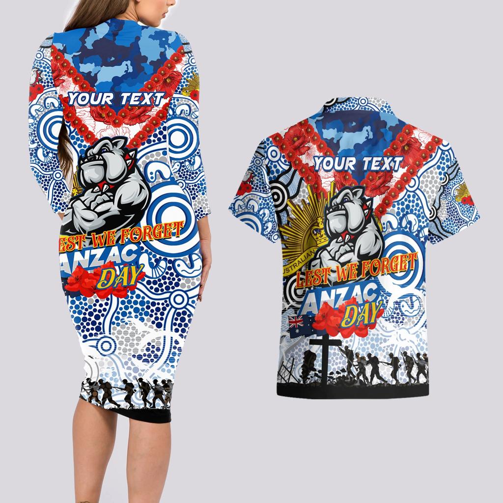Personalised Bulldogs ANZAC Day Couples Matching Long Sleeve Bodycon Dress and Hawaiian Shirt Aboriginal Rising Sun