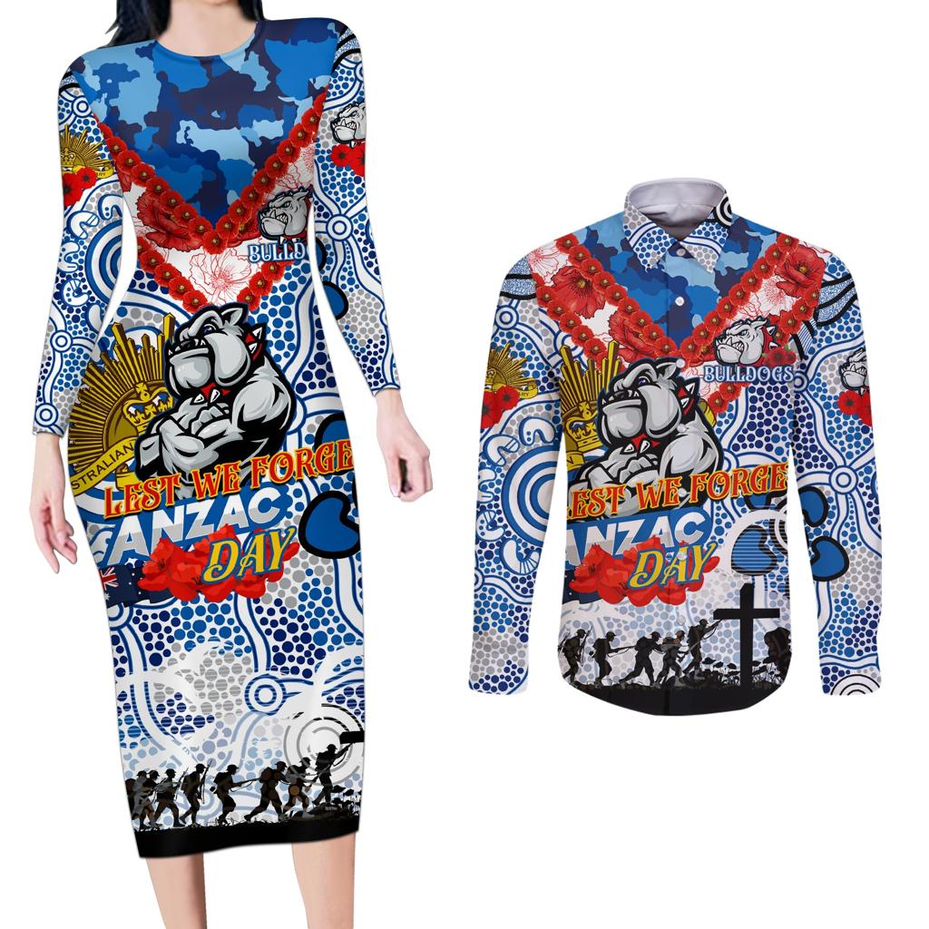Personalised Bulldogs ANZAC Day Couples Matching Long Sleeve Bodycon Dress and Long Sleeve Button Shirt Aboriginal Rising Sun