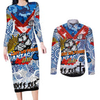 Personalised Bulldogs ANZAC Day Couples Matching Long Sleeve Bodycon Dress and Long Sleeve Button Shirt Aboriginal Rising Sun