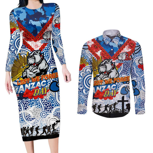 Personalised Bulldogs ANZAC Day Couples Matching Long Sleeve Bodycon Dress and Long Sleeve Button Shirt Aboriginal Rising Sun