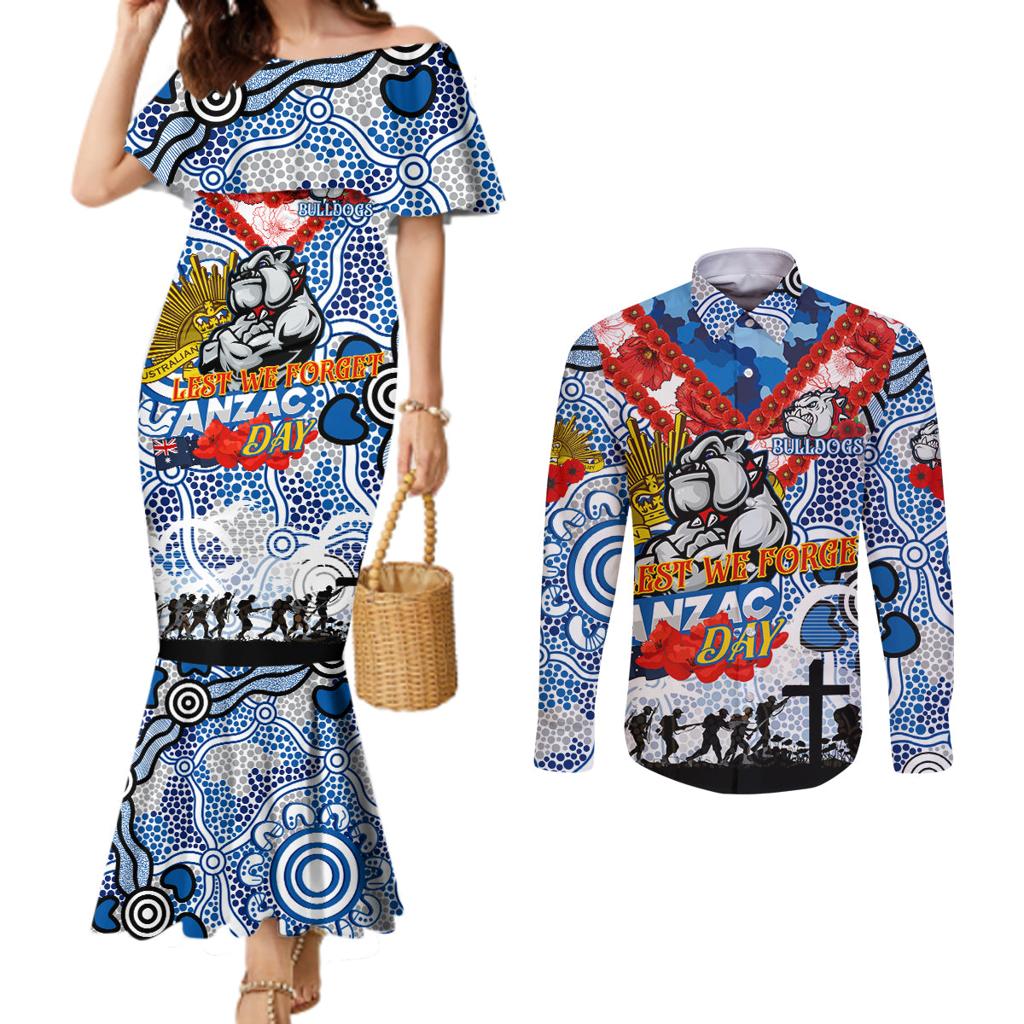 Personalised Bulldogs ANZAC Day Couples Matching Mermaid Dress and Long Sleeve Button Shirt Aboriginal Rising Sun