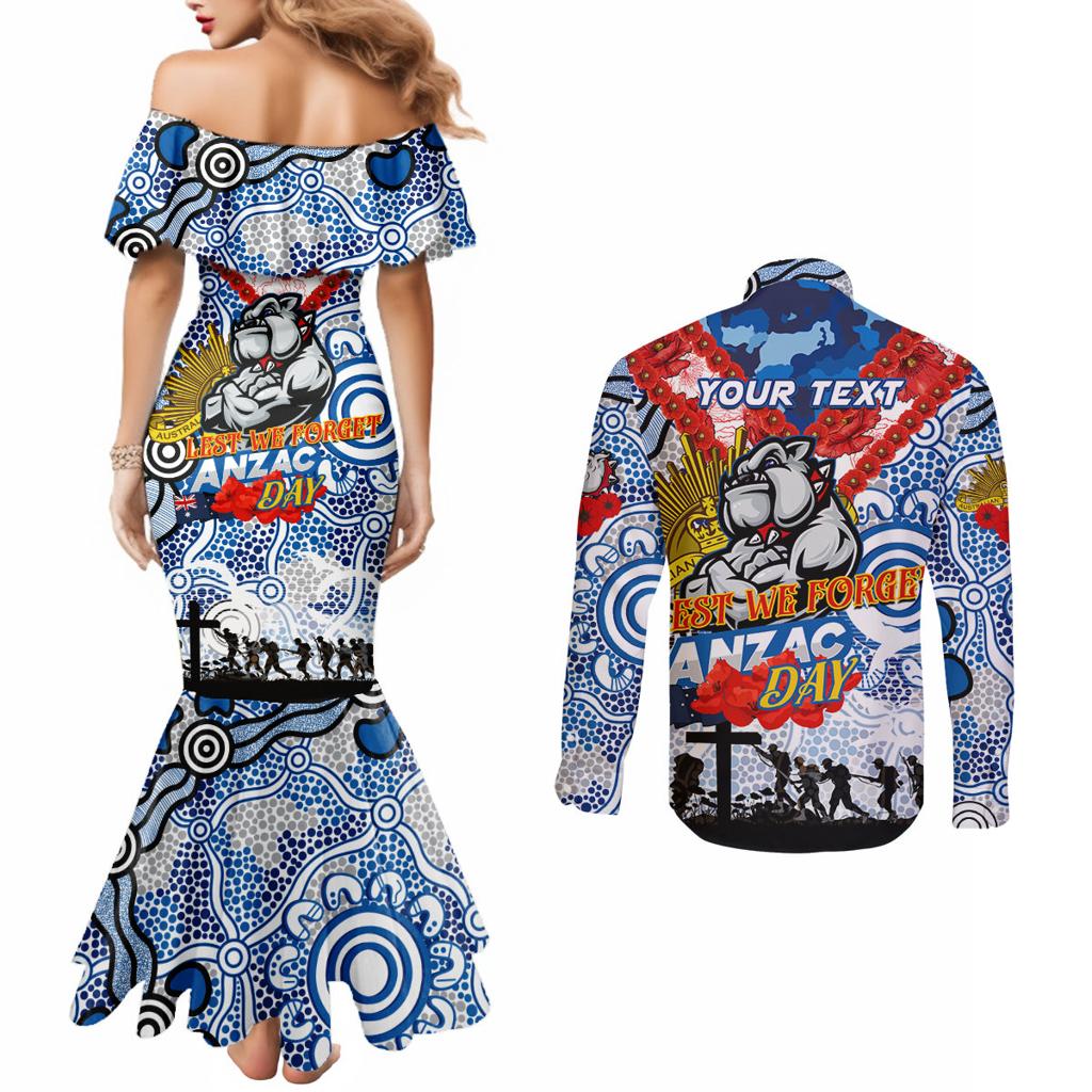 Personalised Bulldogs ANZAC Day Couples Matching Mermaid Dress and Long Sleeve Button Shirt Aboriginal Rising Sun