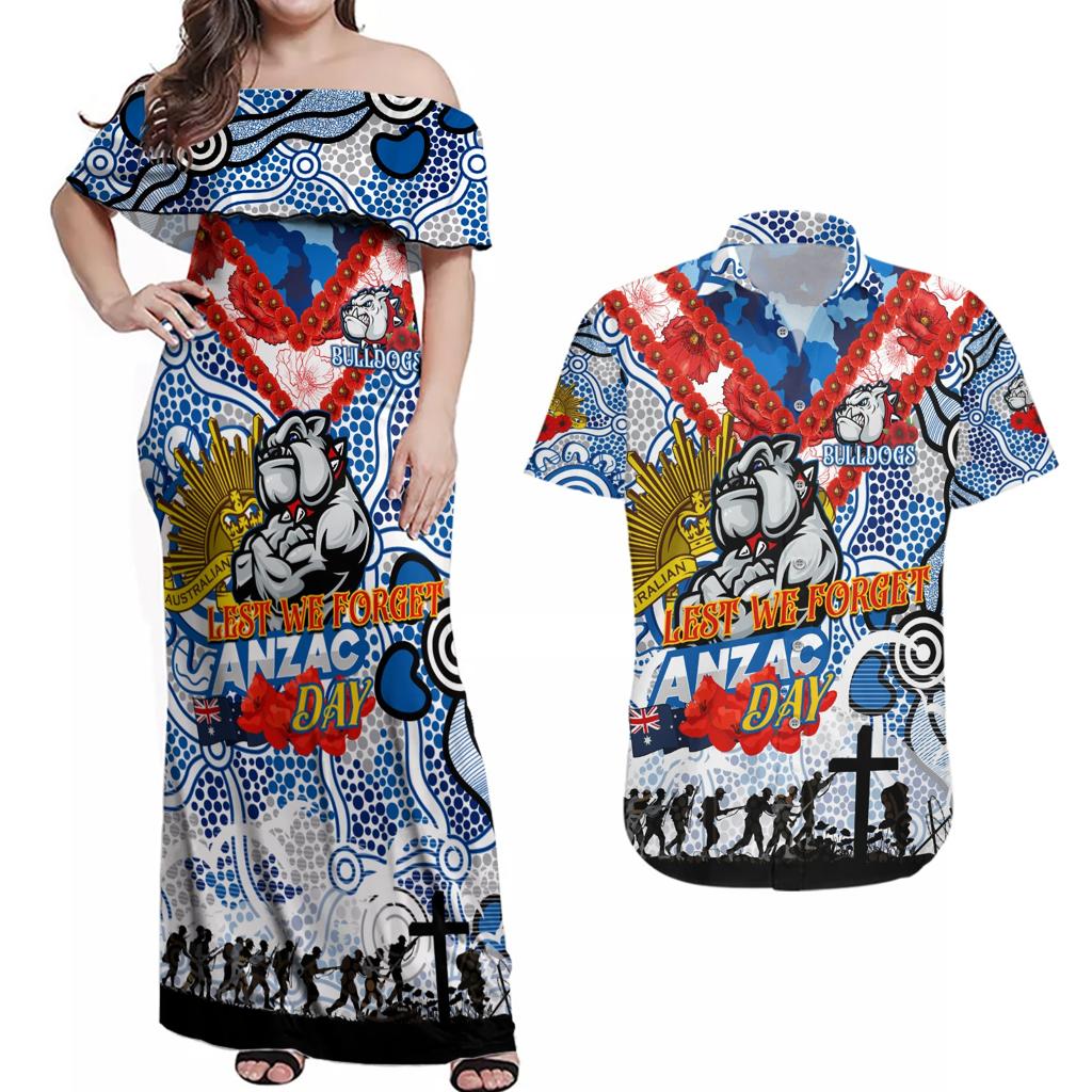 Personalised Bulldogs ANZAC Day Couples Matching Off Shoulder Maxi Dress and Hawaiian Shirt Aboriginal Rising Sun