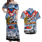 Personalised Bulldogs ANZAC Day Couples Matching Off Shoulder Maxi Dress and Hawaiian Shirt Aboriginal Rising Sun
