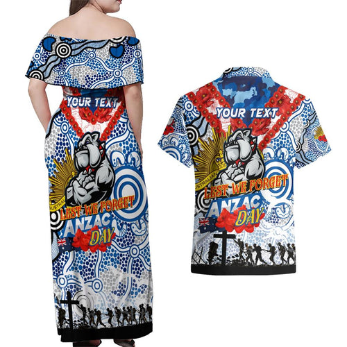 Personalised Bulldogs ANZAC Day Couples Matching Off Shoulder Maxi Dress and Hawaiian Shirt Aboriginal Rising Sun