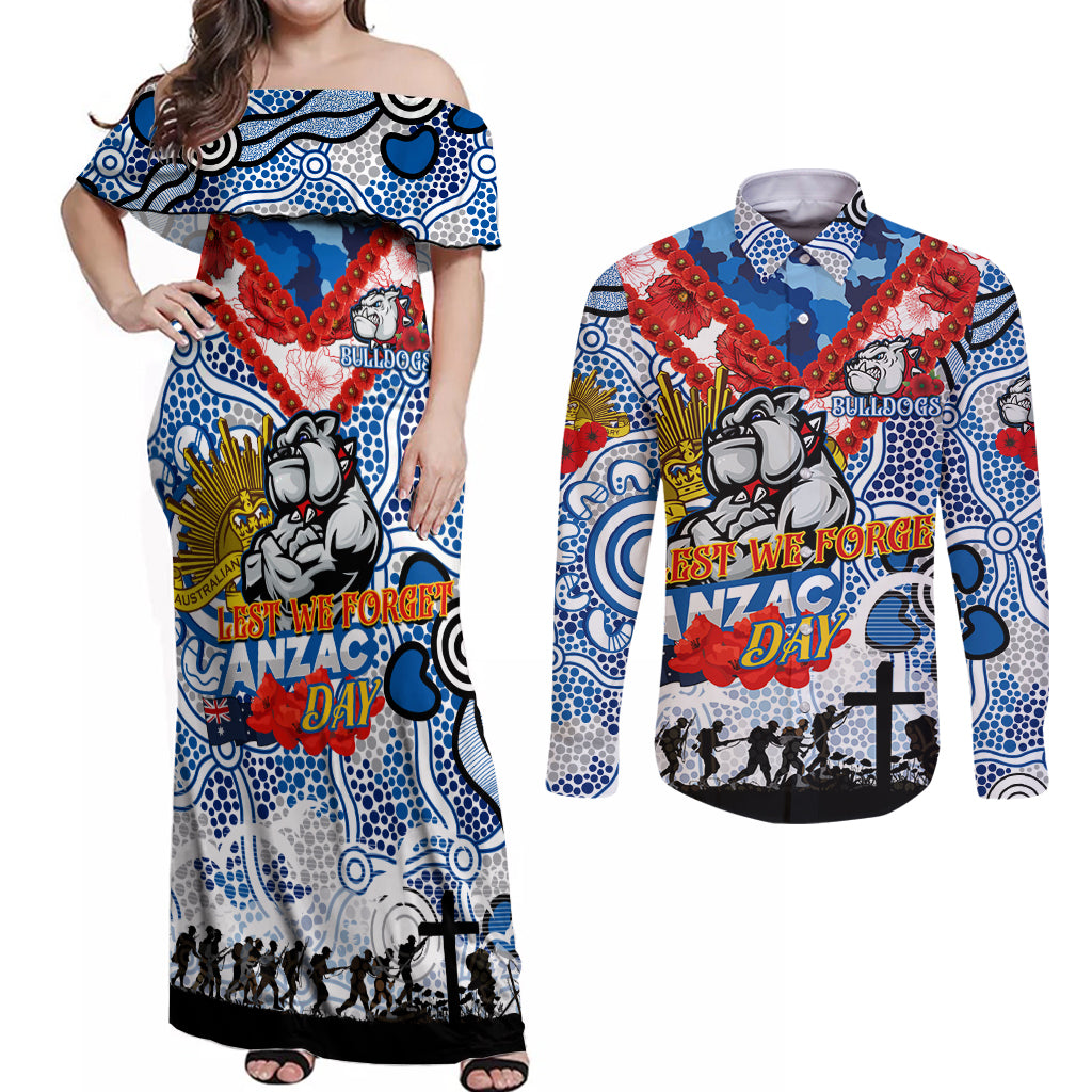 Personalised Bulldogs ANZAC Day Couples Matching Off Shoulder Maxi Dress and Long Sleeve Button Shirt Aboriginal Rising Sun