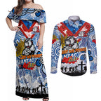 Personalised Bulldogs ANZAC Day Couples Matching Off Shoulder Maxi Dress and Long Sleeve Button Shirt Aboriginal Rising Sun