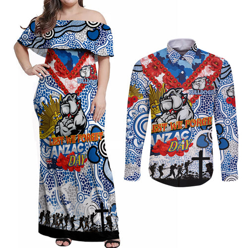 Personalised Bulldogs ANZAC Day Couples Matching Off Shoulder Maxi Dress and Long Sleeve Button Shirt Aboriginal Rising Sun