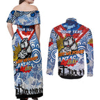 Personalised Bulldogs ANZAC Day Couples Matching Off Shoulder Maxi Dress and Long Sleeve Button Shirt Aboriginal Rising Sun