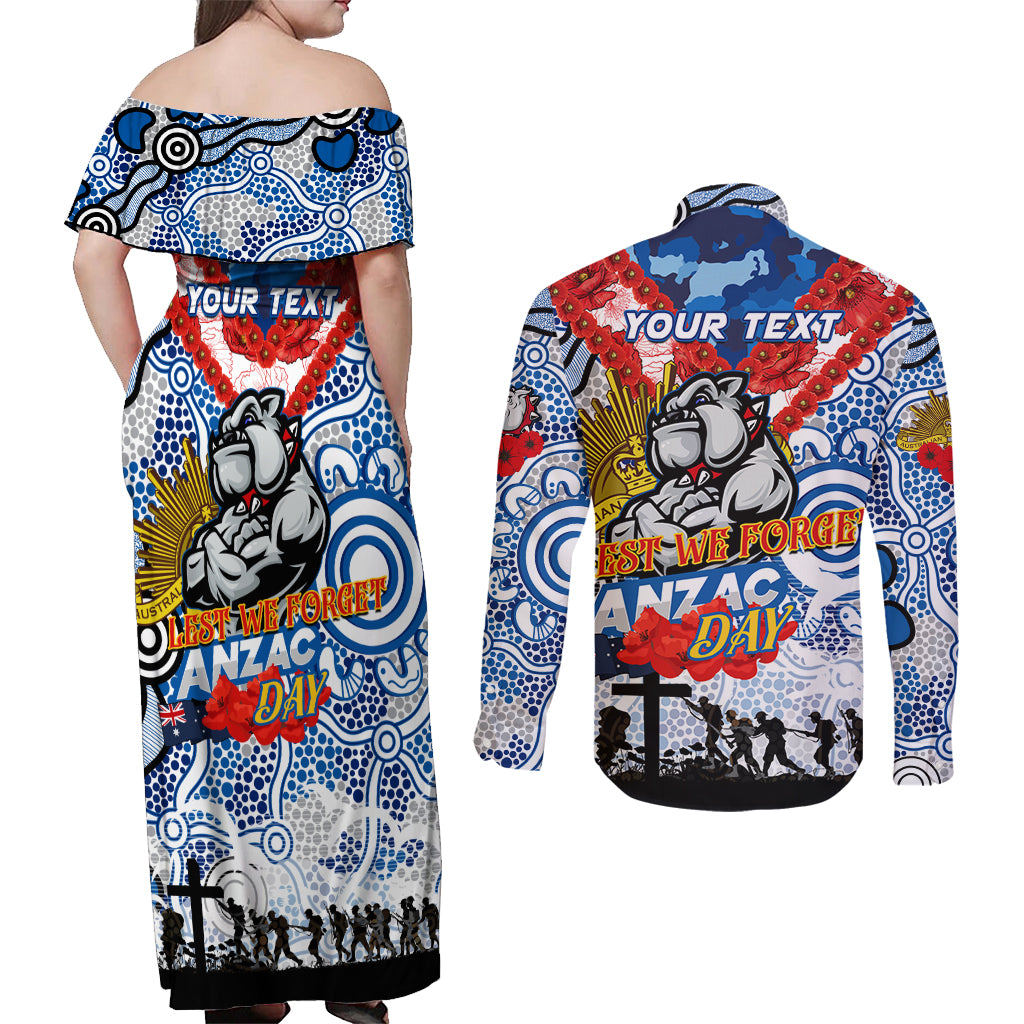 Personalised Bulldogs ANZAC Day Couples Matching Off Shoulder Maxi Dress and Long Sleeve Button Shirt Aboriginal Rising Sun