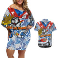 Personalised Bulldogs ANZAC Day Couples Matching Off Shoulder Short Dress and Hawaiian Shirt Aboriginal Rising Sun