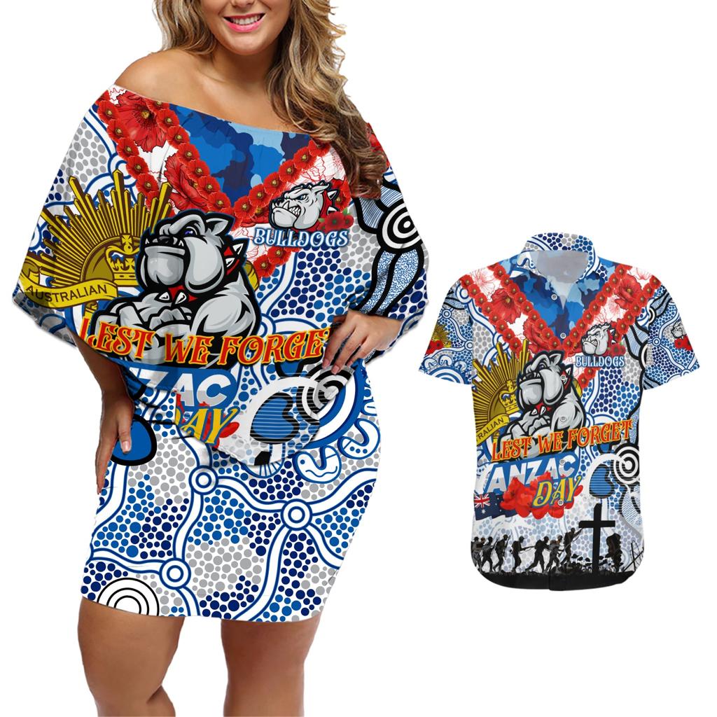 Personalised Bulldogs ANZAC Day Couples Matching Off Shoulder Short Dress and Hawaiian Shirt Aboriginal Rising Sun