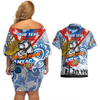 Personalised Bulldogs ANZAC Day Couples Matching Off Shoulder Short Dress and Hawaiian Shirt Aboriginal Rising Sun