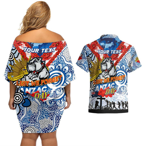 Personalised Bulldogs ANZAC Day Couples Matching Off Shoulder Short Dress and Hawaiian Shirt Aboriginal Rising Sun