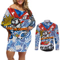 Personalised Bulldogs ANZAC Day Couples Matching Off Shoulder Short Dress and Long Sleeve Button Shirt Aboriginal Rising Sun