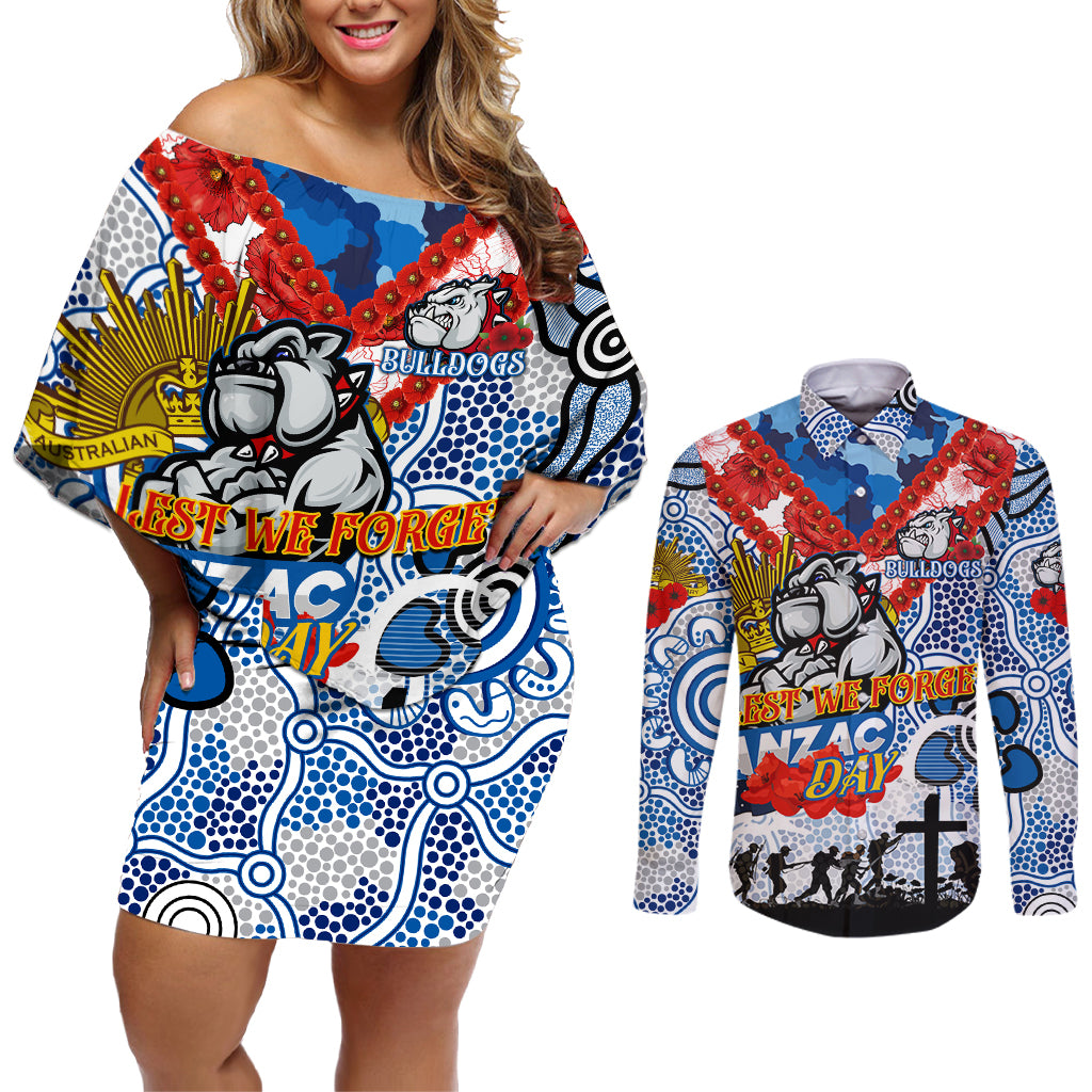 Personalised Bulldogs ANZAC Day Couples Matching Off Shoulder Short Dress and Long Sleeve Button Shirt Aboriginal Rising Sun
