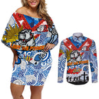 Personalised Bulldogs ANZAC Day Couples Matching Off Shoulder Short Dress and Long Sleeve Button Shirt Aboriginal Rising Sun