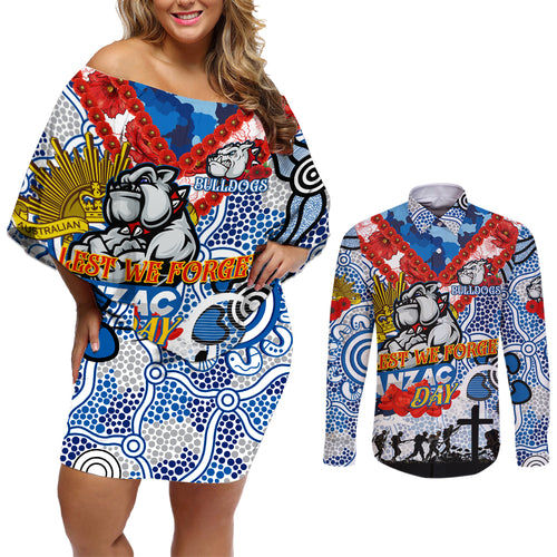 Personalised Bulldogs ANZAC Day Couples Matching Off Shoulder Short Dress and Long Sleeve Button Shirt Aboriginal Rising Sun