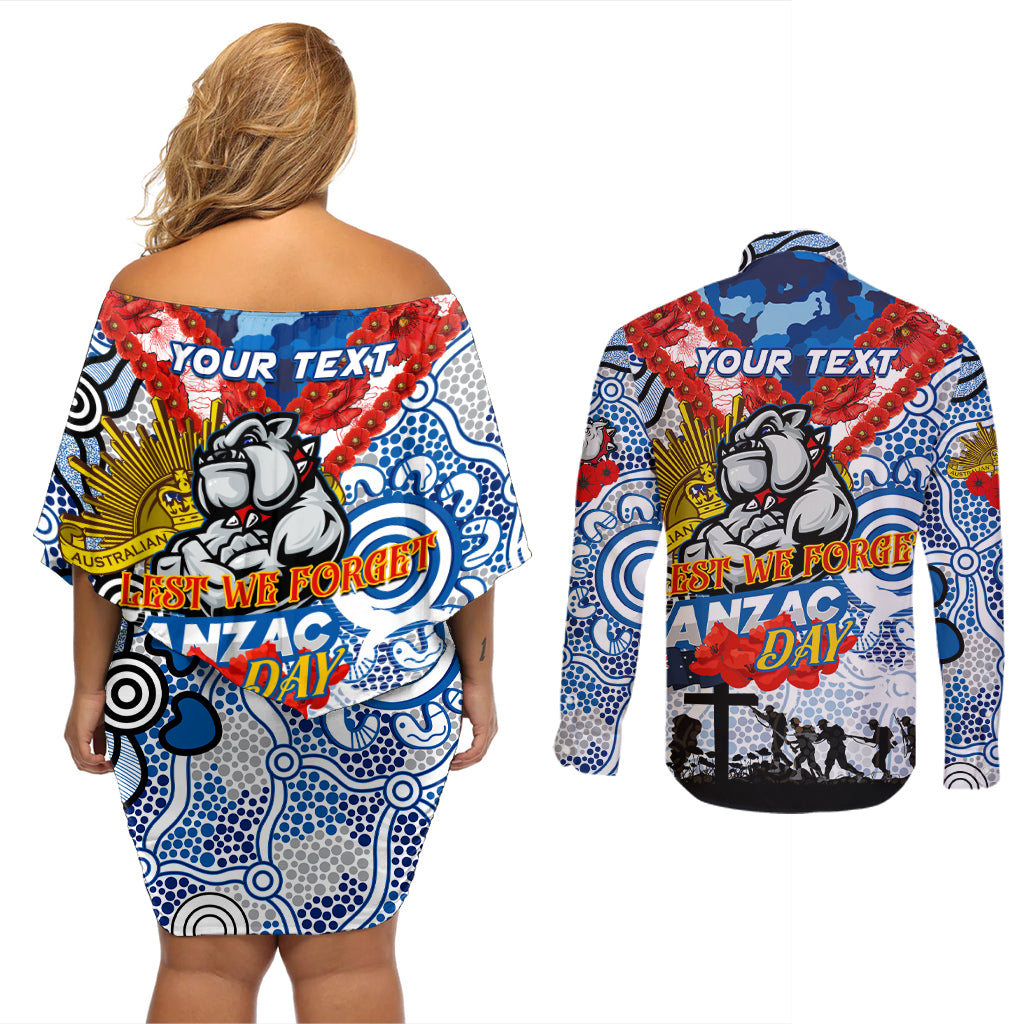 Personalised Bulldogs ANZAC Day Couples Matching Off Shoulder Short Dress and Long Sleeve Button Shirt Aboriginal Rising Sun