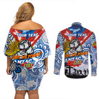 Personalised Bulldogs ANZAC Day Couples Matching Off Shoulder Short Dress and Long Sleeve Button Shirt Aboriginal Rising Sun