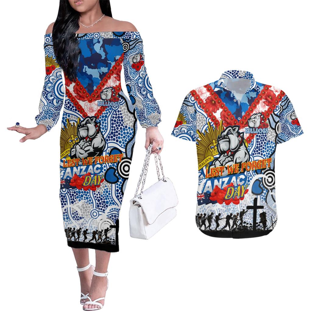 Personalised Bulldogs ANZAC Day Couples Matching Off The Shoulder Long Sleeve Dress and Hawaiian Shirt Aboriginal Rising Sun