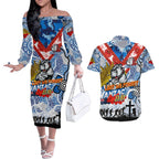 Personalised Bulldogs ANZAC Day Couples Matching Off The Shoulder Long Sleeve Dress and Hawaiian Shirt Aboriginal Rising Sun