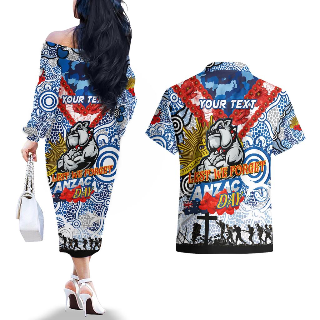 Personalised Bulldogs ANZAC Day Couples Matching Off The Shoulder Long Sleeve Dress and Hawaiian Shirt Aboriginal Rising Sun