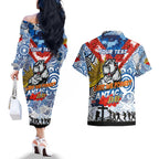 Personalised Bulldogs ANZAC Day Couples Matching Off The Shoulder Long Sleeve Dress and Hawaiian Shirt Aboriginal Rising Sun