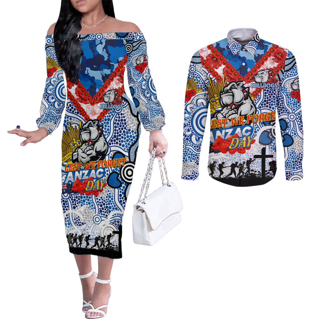 Personalised Bulldogs ANZAC Day Couples Matching Off The Shoulder Long Sleeve Dress and Long Sleeve Button Shirt Aboriginal Rising Sun