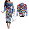Personalised Bulldogs ANZAC Day Couples Matching Off The Shoulder Long Sleeve Dress and Long Sleeve Button Shirt Aboriginal Rising Sun