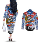 Personalised Bulldogs ANZAC Day Couples Matching Off The Shoulder Long Sleeve Dress and Long Sleeve Button Shirt Aboriginal Rising Sun