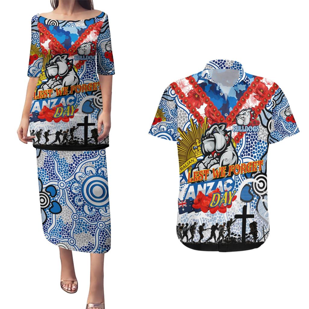 Personalised Bulldogs ANZAC Day Couples Matching Puletasi and Hawaiian Shirt Aboriginal Rising Sun