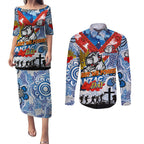 Personalised Bulldogs ANZAC Day Couples Matching Puletasi and Long Sleeve Button Shirt Aboriginal Rising Sun