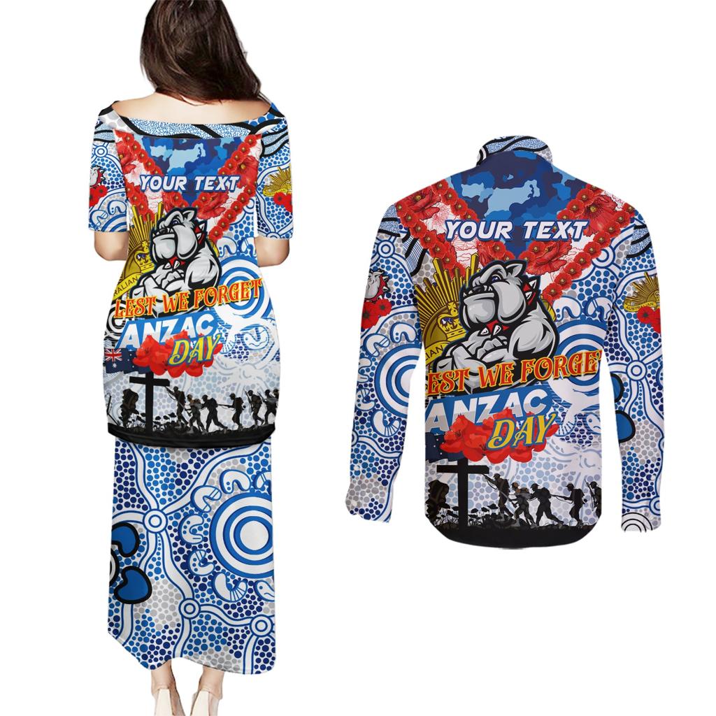 Personalised Bulldogs ANZAC Day Couples Matching Puletasi and Long Sleeve Button Shirt Aboriginal Rising Sun