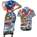 Personalised Bulldogs ANZAC Day Couples Matching Short Sleeve Bodycon Dress and Hawaiian Shirt Aboriginal Rising Sun