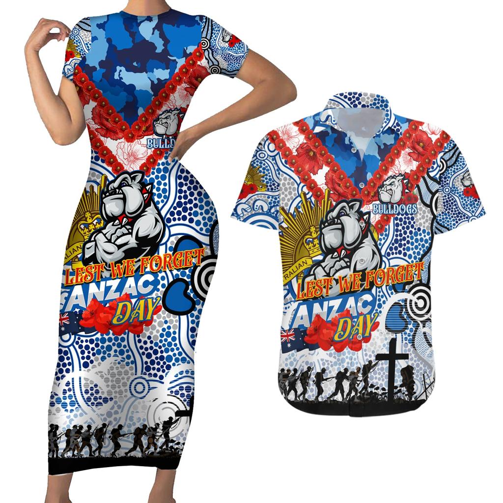 Personalised Bulldogs ANZAC Day Couples Matching Short Sleeve Bodycon Dress and Hawaiian Shirt Aboriginal Rising Sun