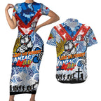 Personalised Bulldogs ANZAC Day Couples Matching Short Sleeve Bodycon Dress and Hawaiian Shirt Aboriginal Rising Sun