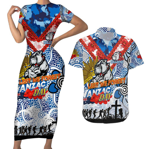 Personalised Bulldogs ANZAC Day Couples Matching Short Sleeve Bodycon Dress and Hawaiian Shirt Aboriginal Rising Sun