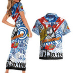 Personalised Bulldogs ANZAC Day Couples Matching Short Sleeve Bodycon Dress and Hawaiian Shirt Aboriginal Rising Sun