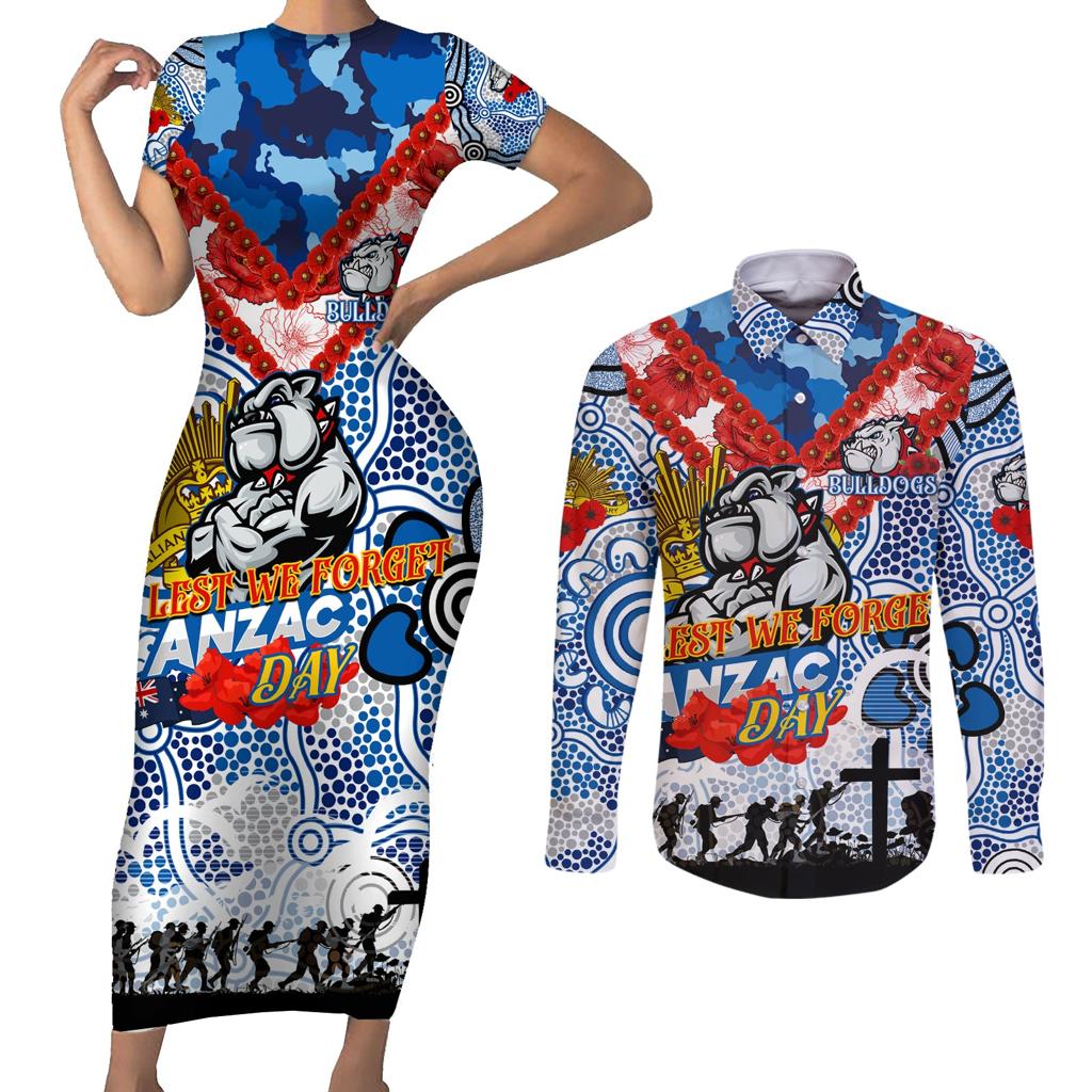 Personalised Bulldogs ANZAC Day Couples Matching Short Sleeve Bodycon Dress and Long Sleeve Button Shirt Aboriginal Rising Sun