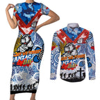 Personalised Bulldogs ANZAC Day Couples Matching Short Sleeve Bodycon Dress and Long Sleeve Button Shirt Aboriginal Rising Sun