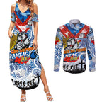 Personalised Bulldogs ANZAC Day Couples Matching Summer Maxi Dress and Long Sleeve Button Shirt Aboriginal Rising Sun