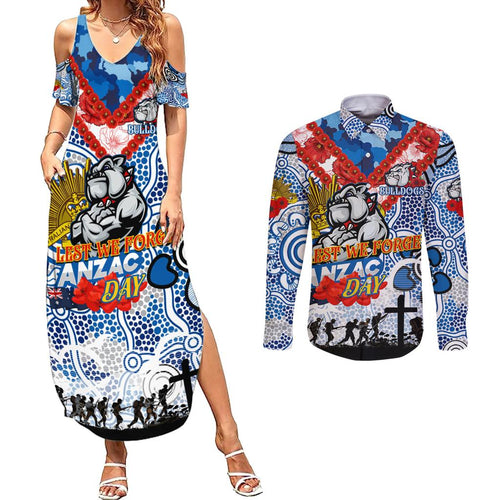 Personalised Bulldogs ANZAC Day Couples Matching Summer Maxi Dress and Long Sleeve Button Shirt Aboriginal Rising Sun