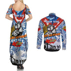 Personalised Bulldogs ANZAC Day Couples Matching Summer Maxi Dress and Long Sleeve Button Shirt Aboriginal Rising Sun