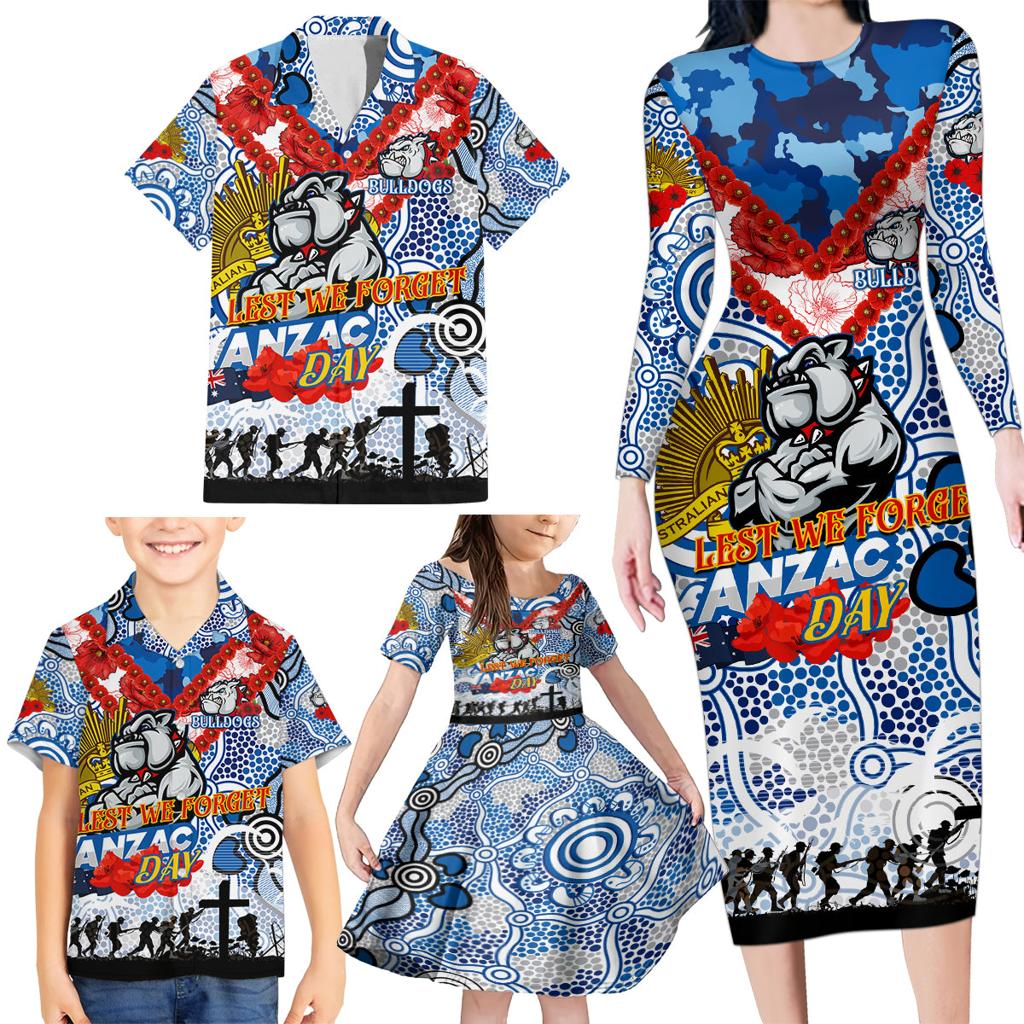 Personalised Bulldogs ANZAC Day Family Matching Long Sleeve Bodycon Dress and Hawaiian Shirt Aboriginal Rising Sun