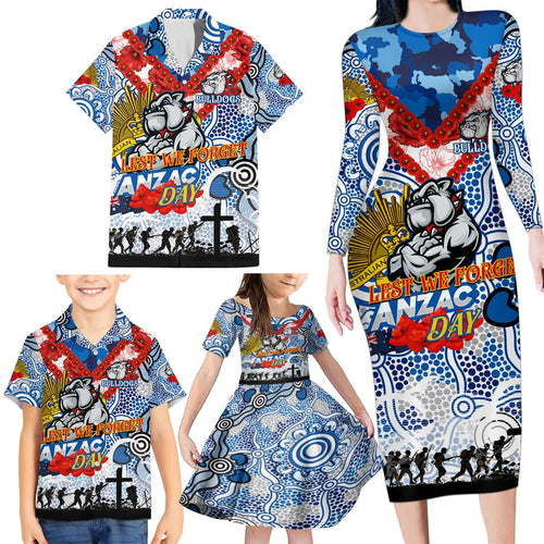 Personalised Bulldogs ANZAC Day Family Matching Long Sleeve Bodycon Dress and Hawaiian Shirt Aboriginal Rising Sun