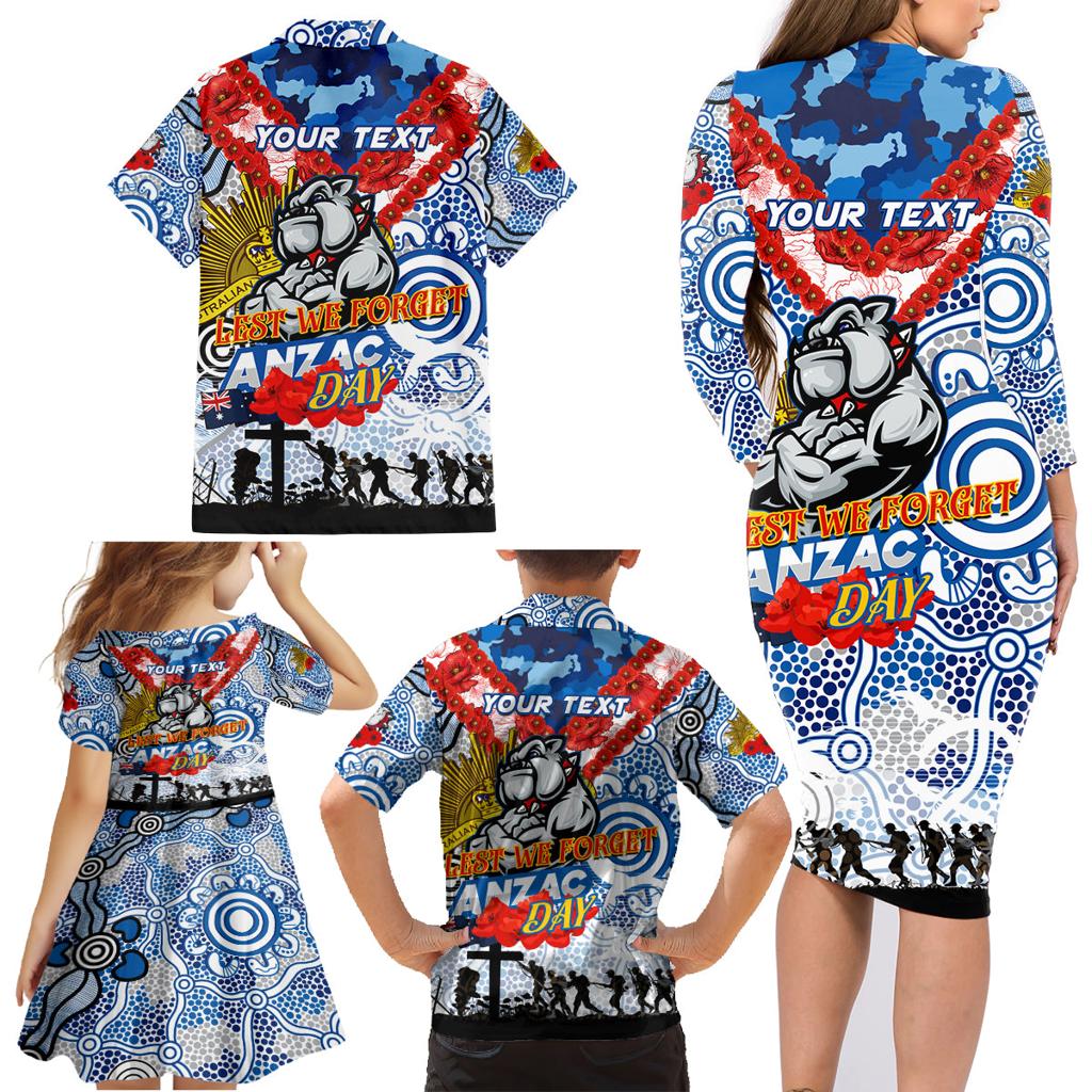 Personalised Bulldogs ANZAC Day Family Matching Long Sleeve Bodycon Dress and Hawaiian Shirt Aboriginal Rising Sun