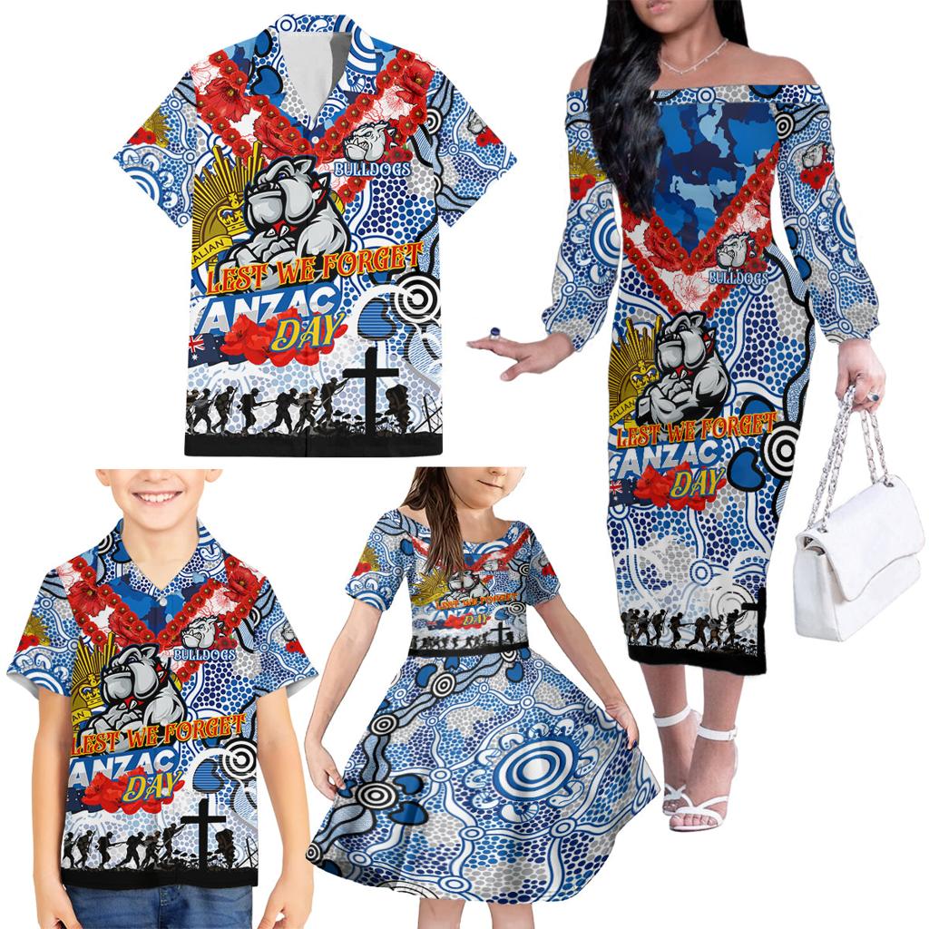 Personalised Bulldogs ANZAC Day Family Matching Off The Shoulder Long Sleeve Dress and Hawaiian Shirt Aboriginal Rising Sun