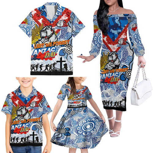 Personalised Bulldogs ANZAC Day Family Matching Off The Shoulder Long Sleeve Dress and Hawaiian Shirt Aboriginal Rising Sun